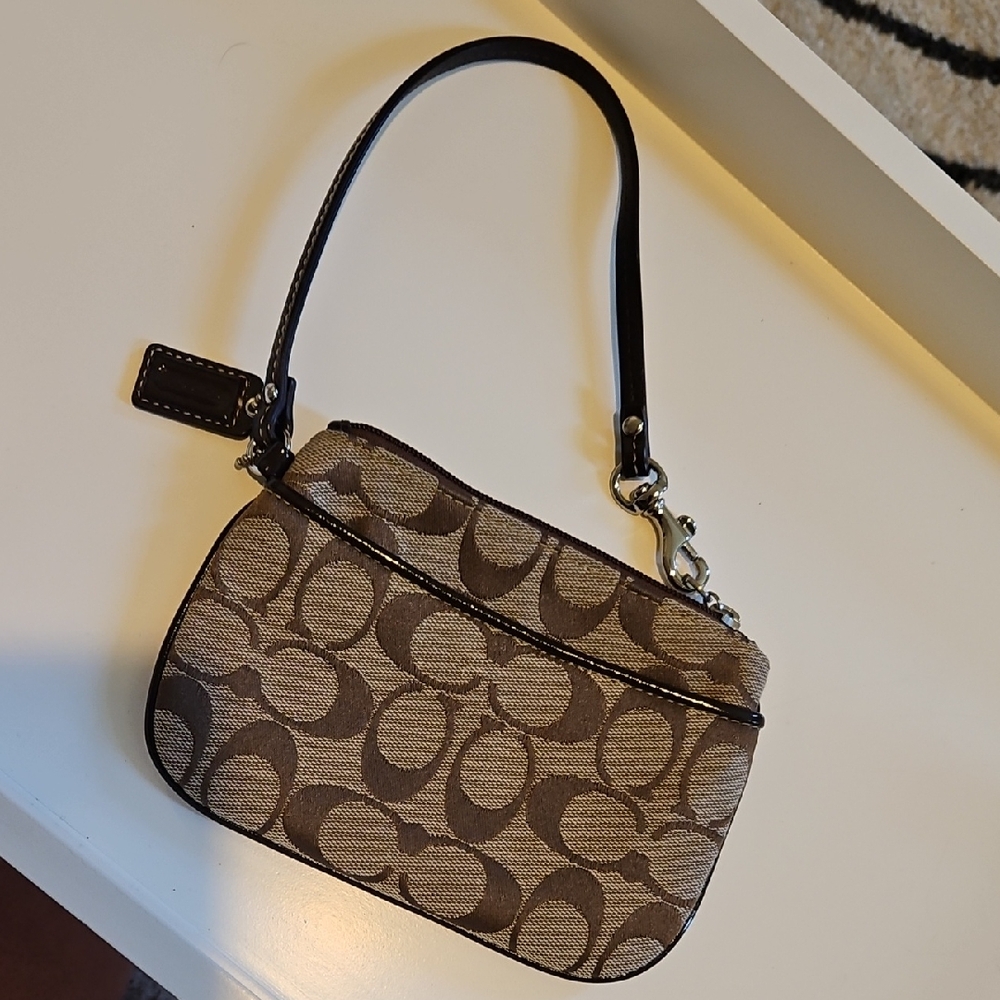 Coach Signature Canvas Wristlet in Brown and Tan